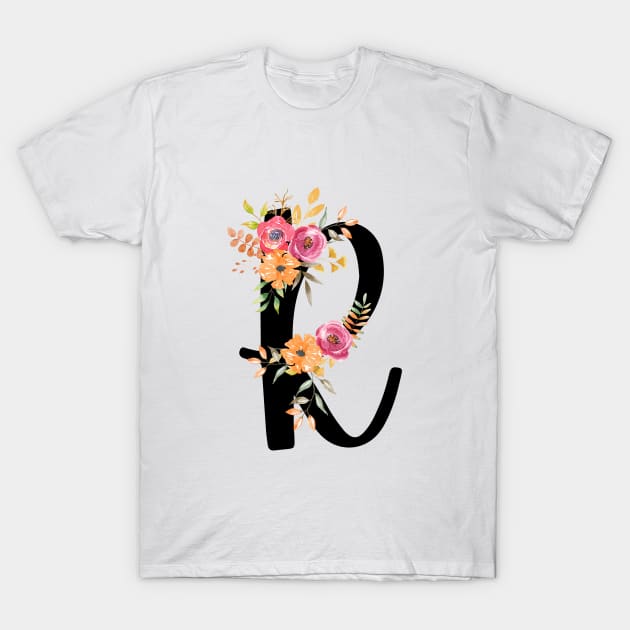 Letter R With Watercolor Floral Wreath T-Shirt by NatureGlow